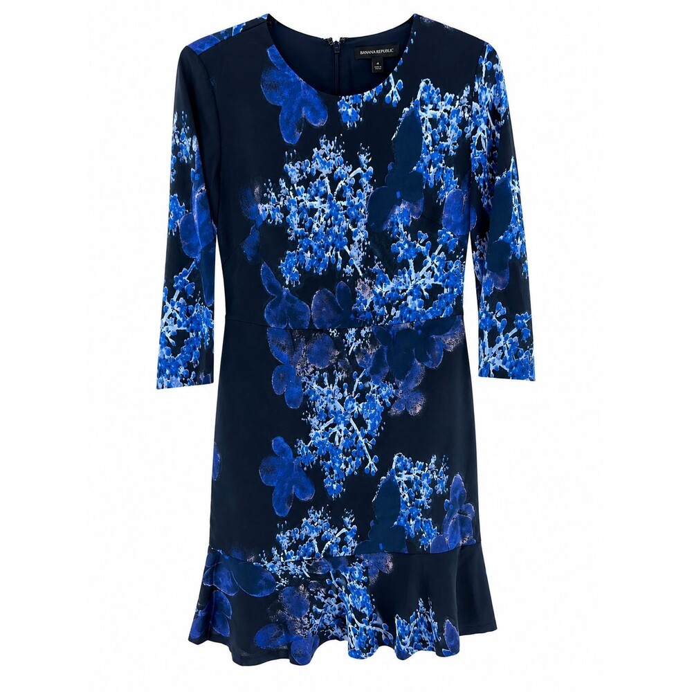 Banana Republic Blue Floral 3/4 Sleeve Peplum Hem Dress Size 4